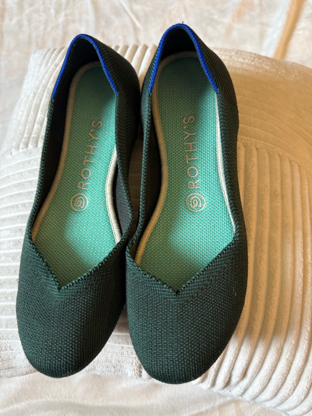 Rothy's Forest Green Knit Ballet Flat with Teal Insole